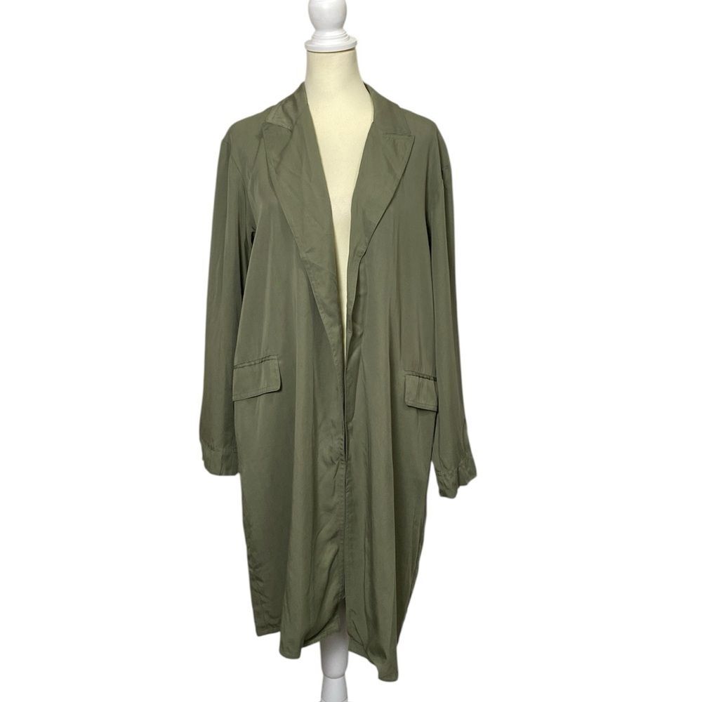 Truth by Republic 100% Lyocell Army Green Open Front Long Line Trench Coat Med.